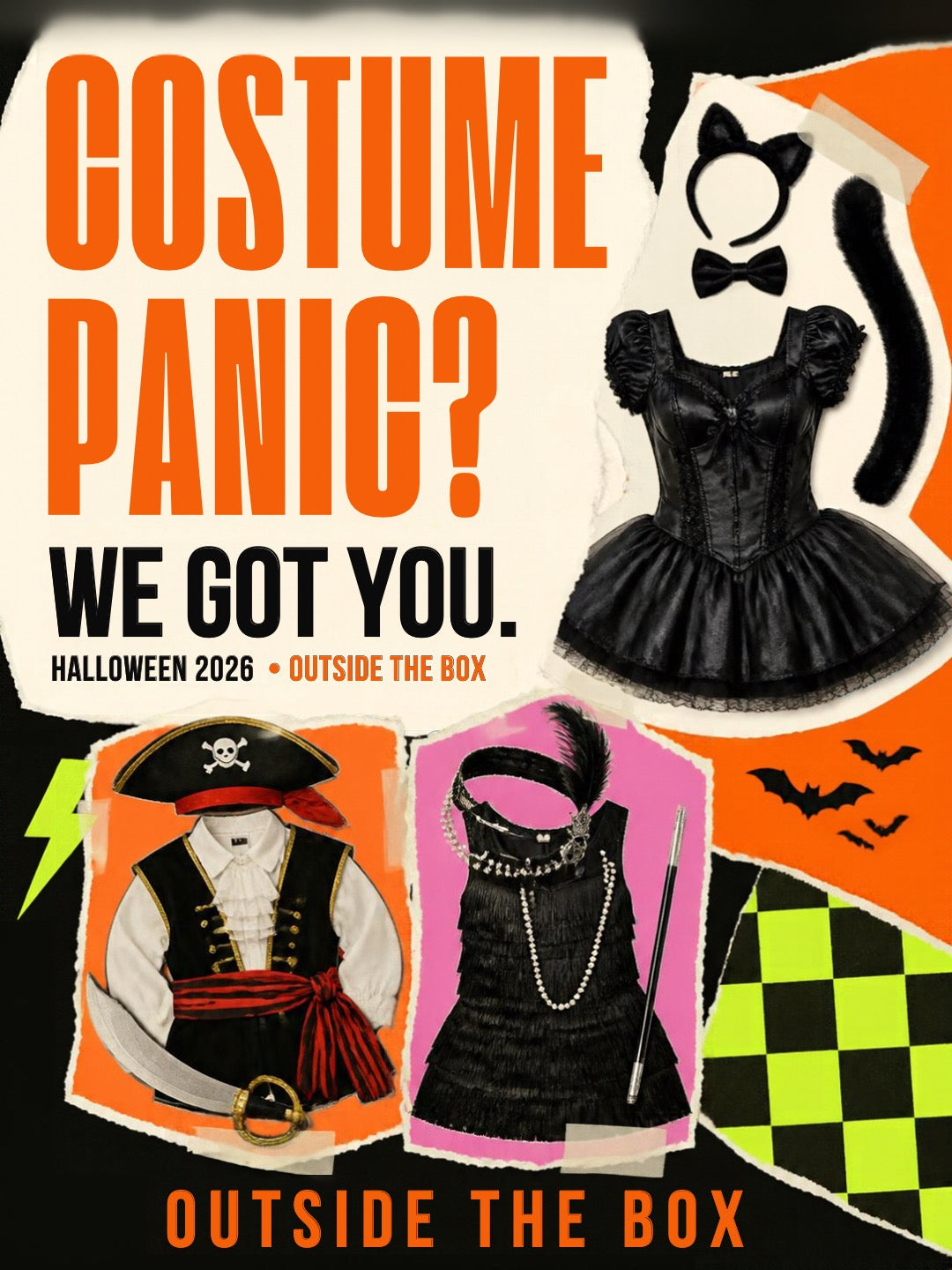 OTB Halloween 2026 Costume Panic We Got You promotional cover with cat, pirate and Gatsby fancy dress looks