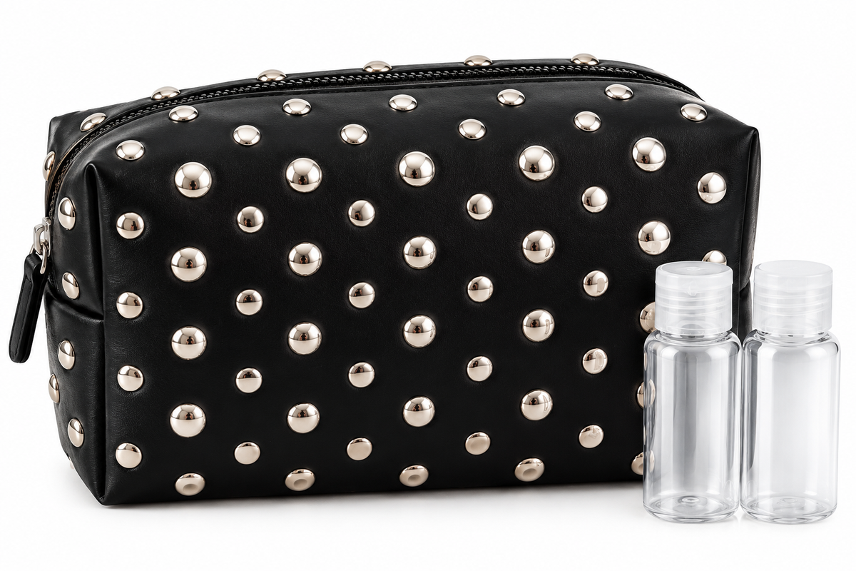 Black Studded Vinyl Toiletry Bag with 2 Travel Bottles