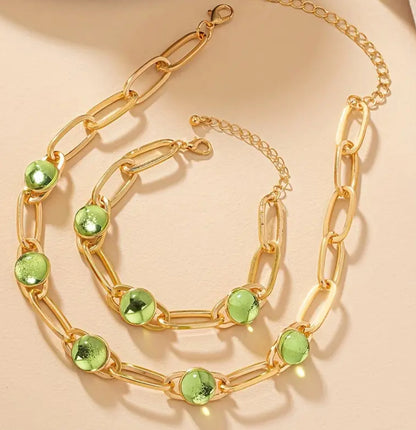 Gold-plated green glass necklace bracelet set