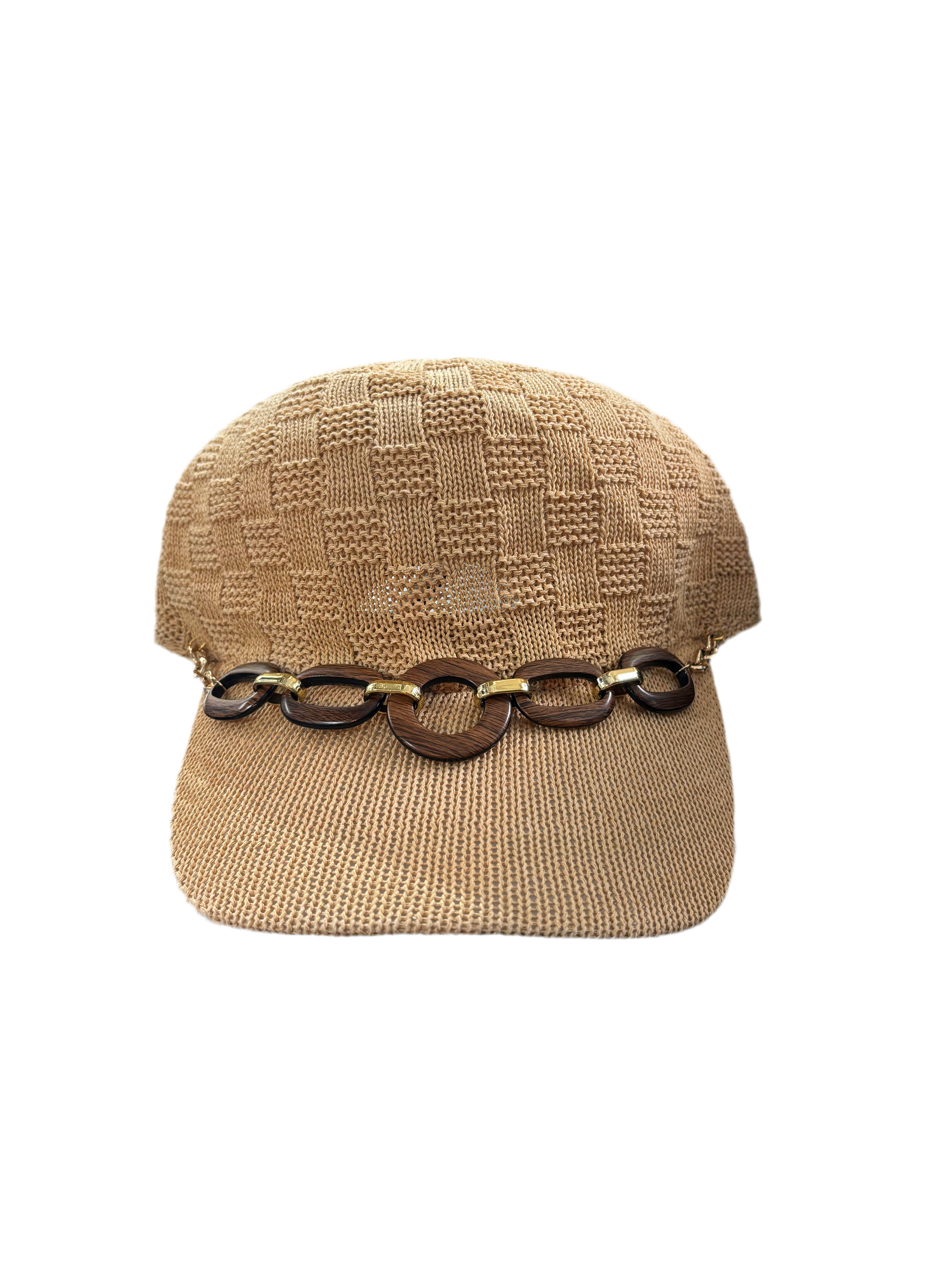 Woven hat with wooden chain detailing