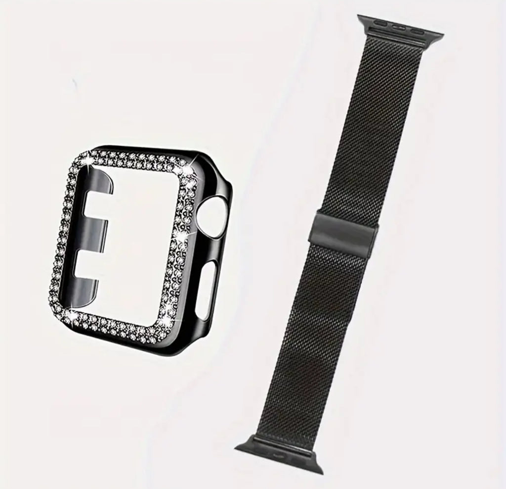 Bracelet et boîtier en maille d'acier inoxydable noir pour Apple Watch 38 mm