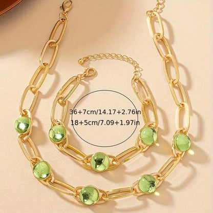 Gold-plated green glass necklace bracelet set