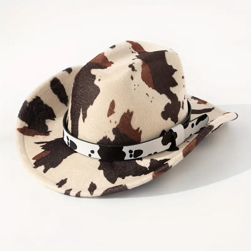 Chapeau de cowboy western à imprimé vache – Marron et blanc
