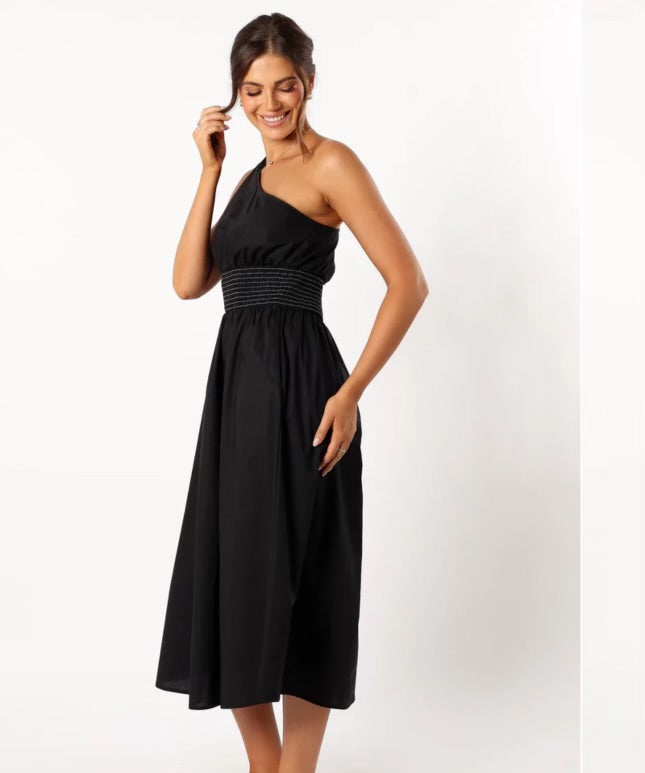 100% Cotton one shoulder midi dress (black)