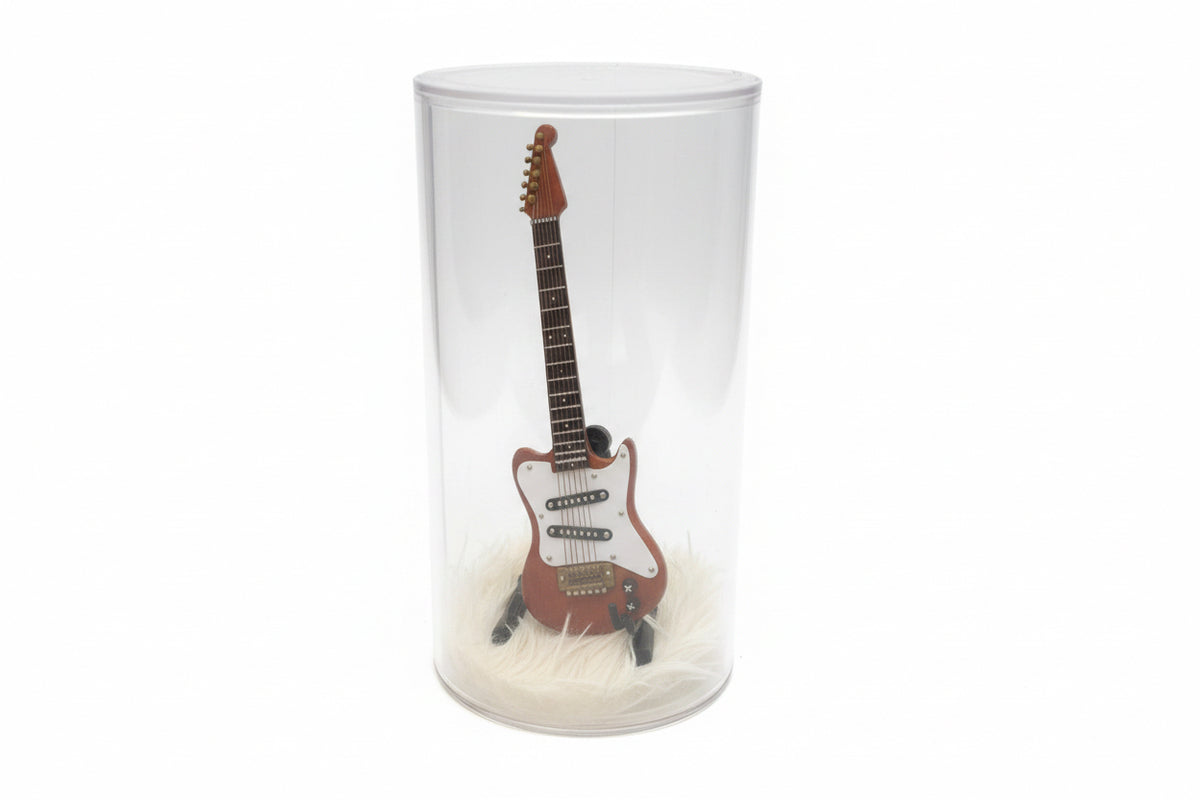 Miniature handmade wooden guitar in display box