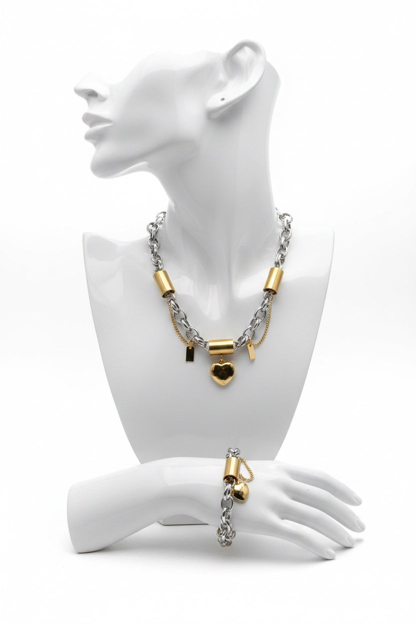 Stainless Steel Hypoallergenic Heart Necklace and Bracelet Set