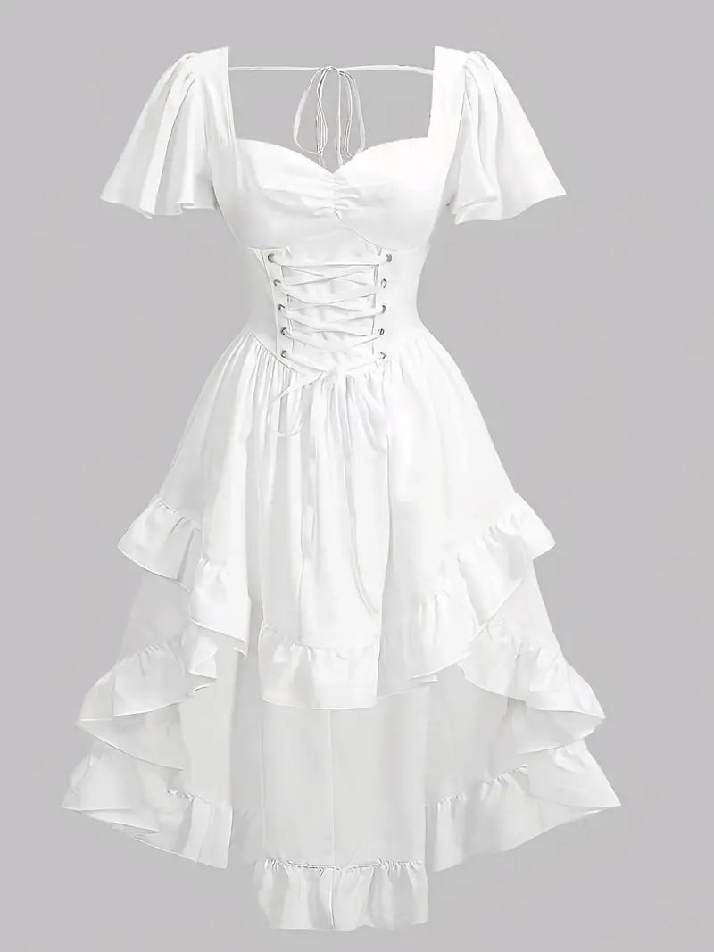 Elegant Off-Shoulder Ruffle Dress with Lace-Up Corset Waist