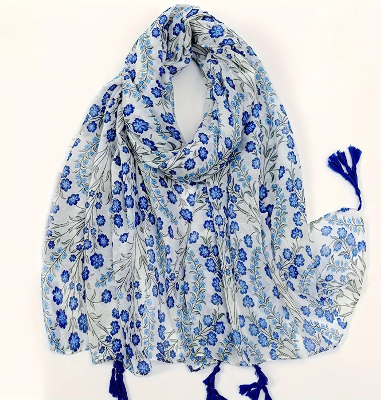 Boho white scarf with blue flowers and tassels