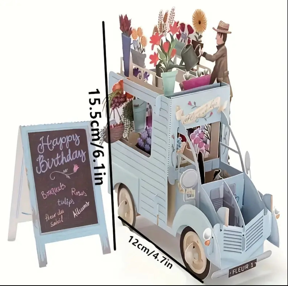 3D birthday Card - Florist Cart (blue)