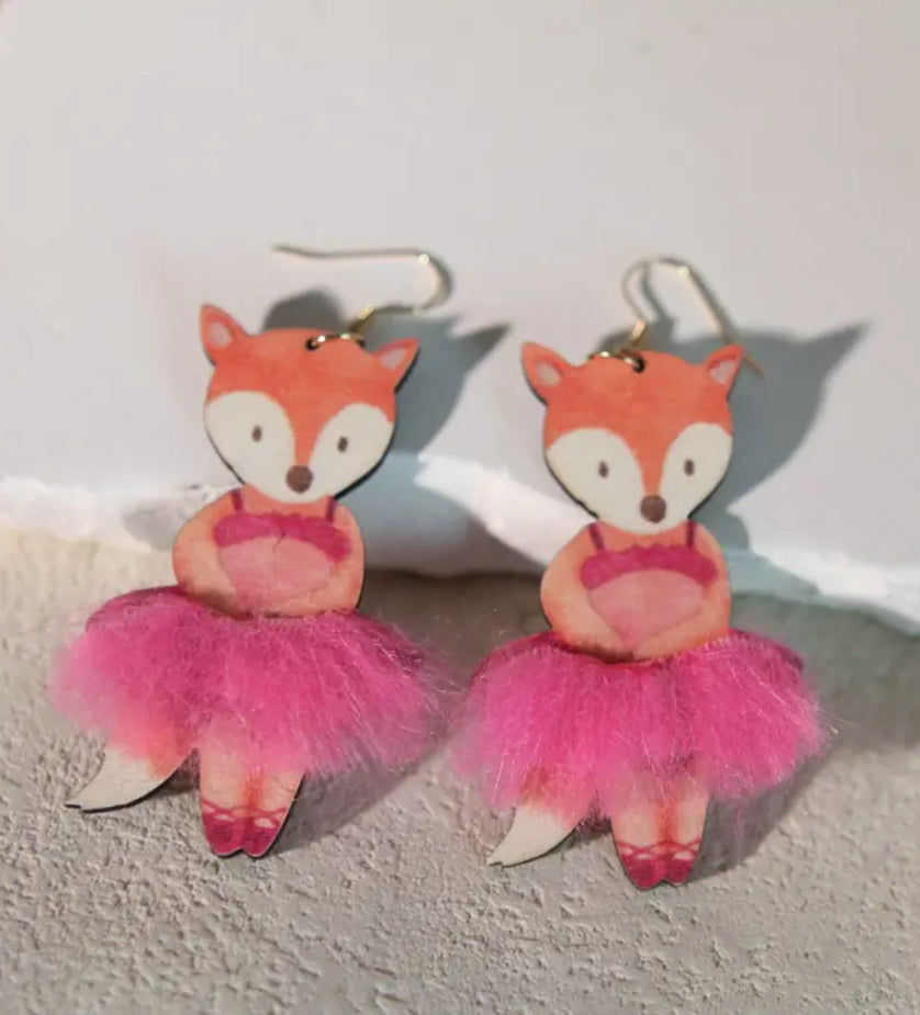 Boucles d'oreilles ballerine renard en bois avec tutu