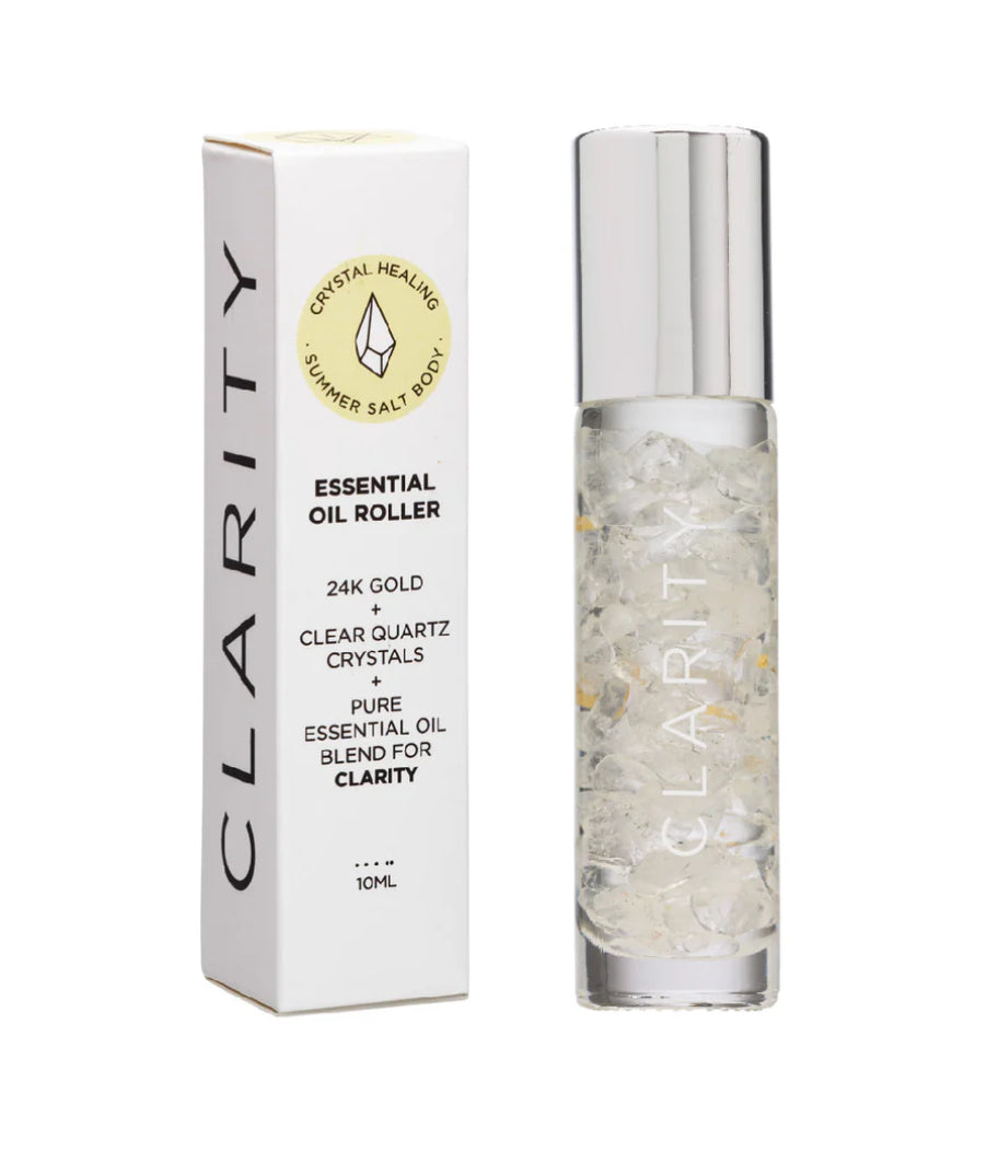 Rouleau d'huiles essentielles Clarity avec cristaux et or 24 carats