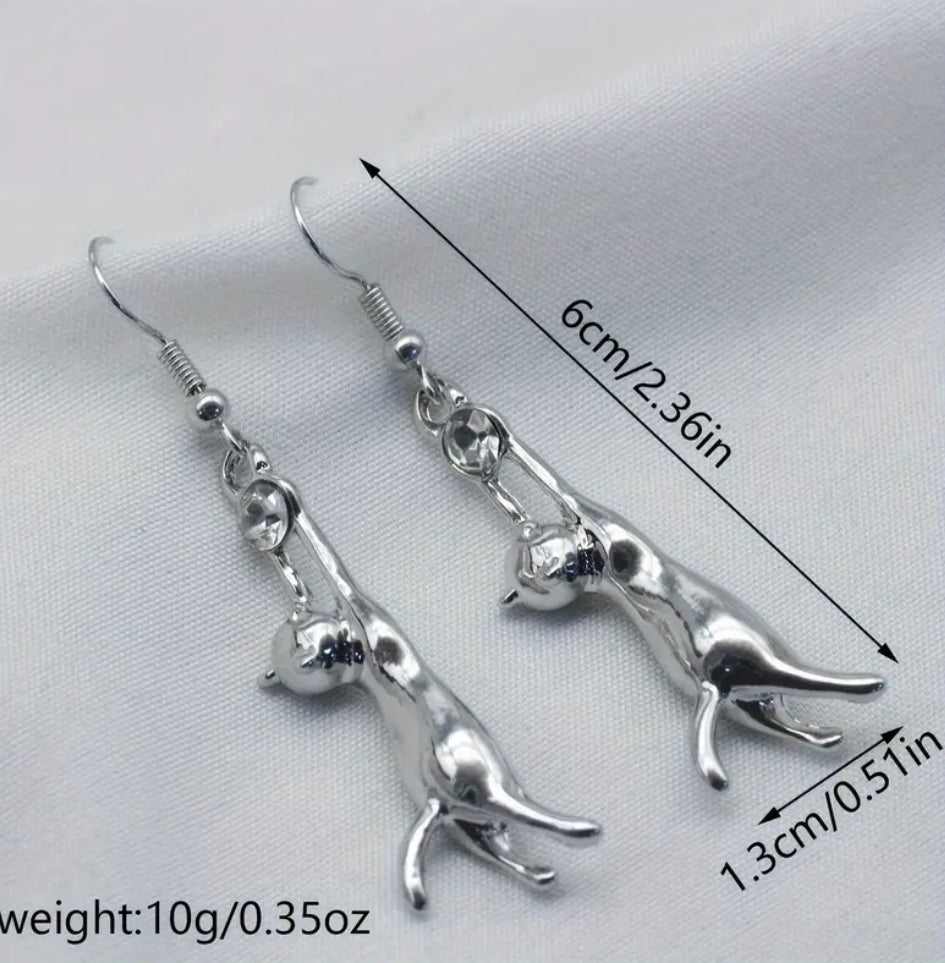 Cat chasing diamonte ball earrings