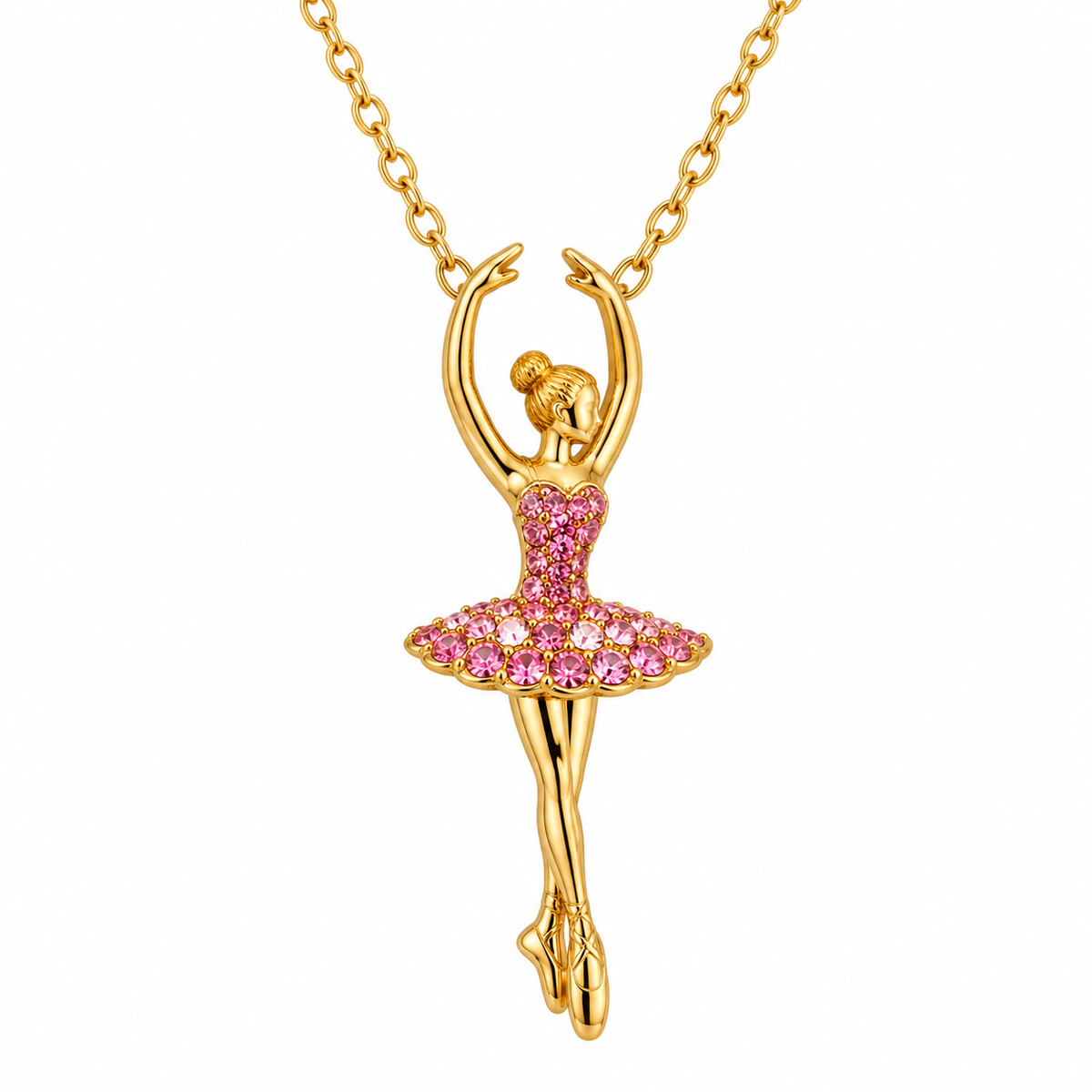 Gold-Plated Ballerina Necklace with Pink Crystals – Gift Boxed