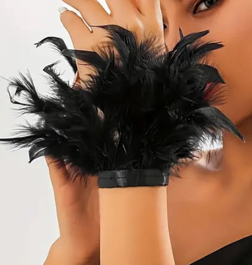 Black Feather Wrist Cuffs with ribbon ties