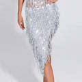 Silver Sequin Fringe Belly Dance Hip Scarf Skirt