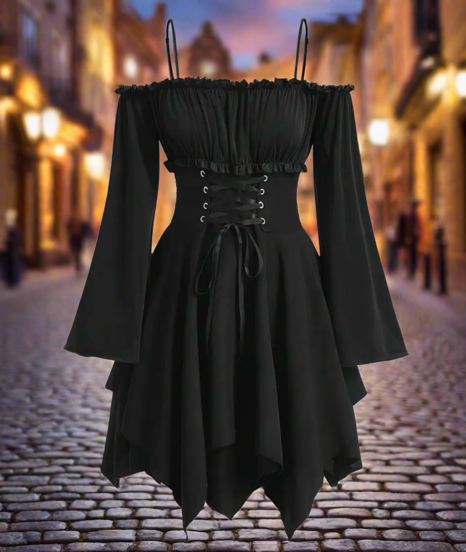 Black Gothic Off-Shoulder Dress – Black Ruched Corset Midi with Ruffle Hem