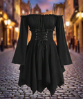 Black Gothic Off-Shoulder Dress – Black Ruched Corset Midi with Ruffle Hem