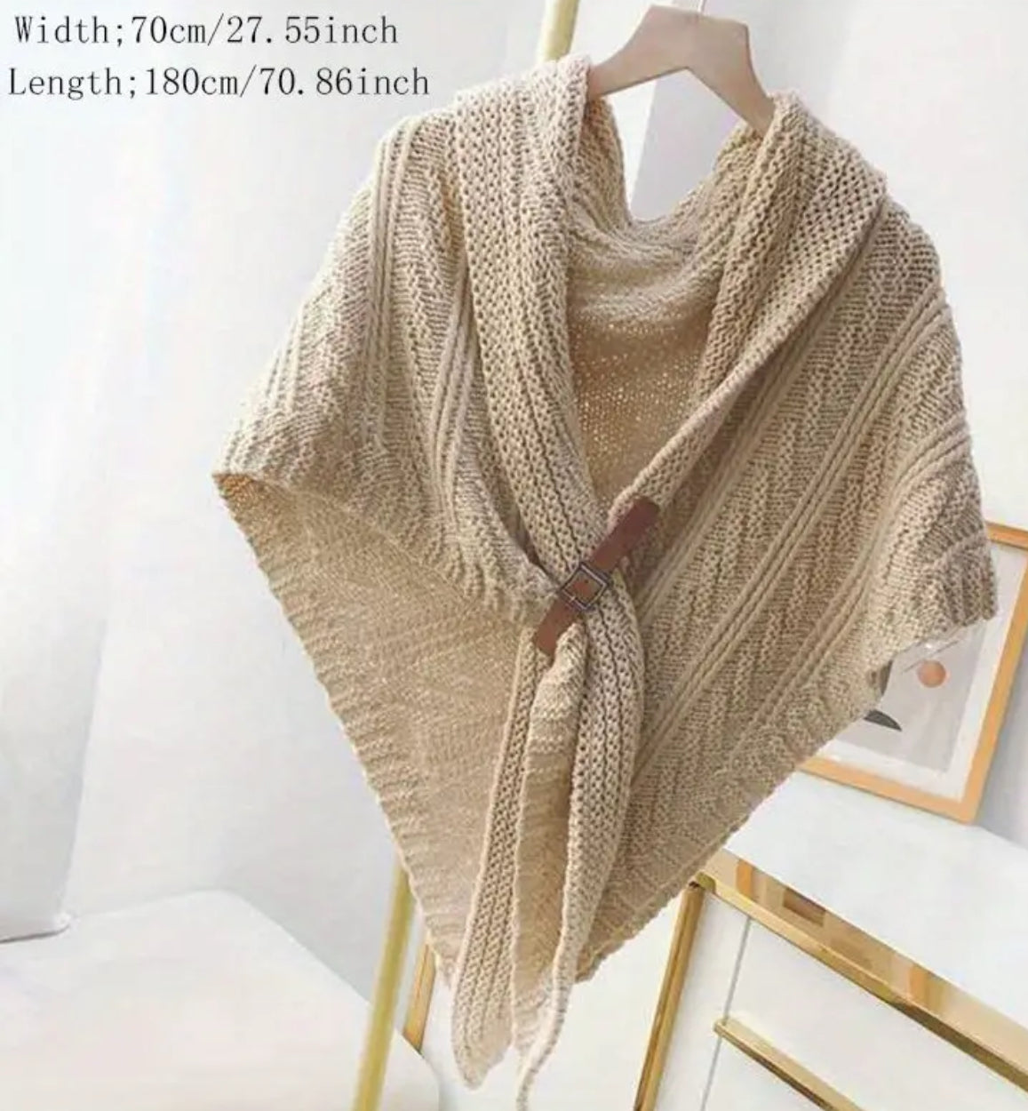 Beige Chunky Knit Shawl with Buckle