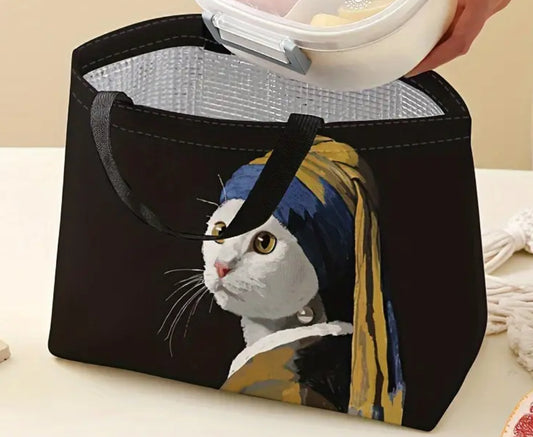 Cat with Pearl Earrings insulated lunch bag