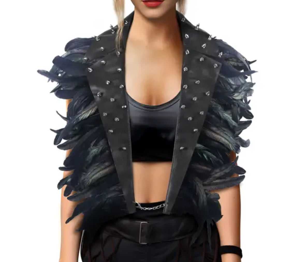 Black Feather Leatherette Vest