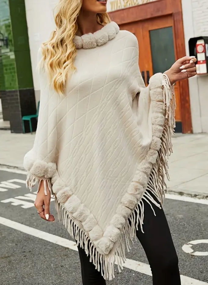 Cream Faux Fur Tassel Shawl