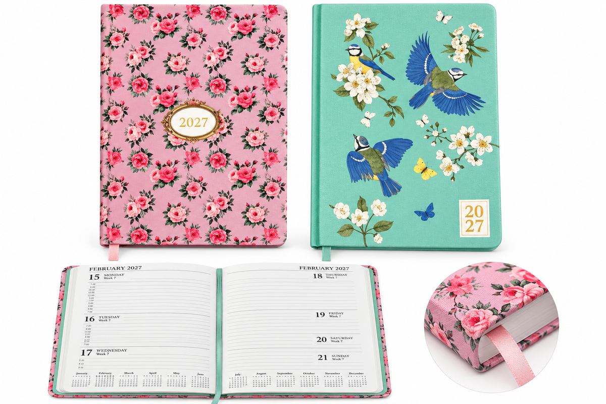 2027 A5 week-to-view diary with decorative covers, ribbon bookmark and weekly pages