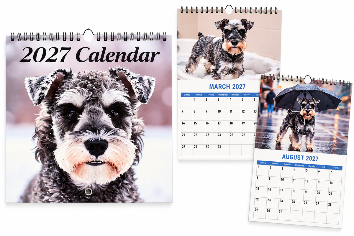 2027 Schnauzer wall calendar cover and sample months