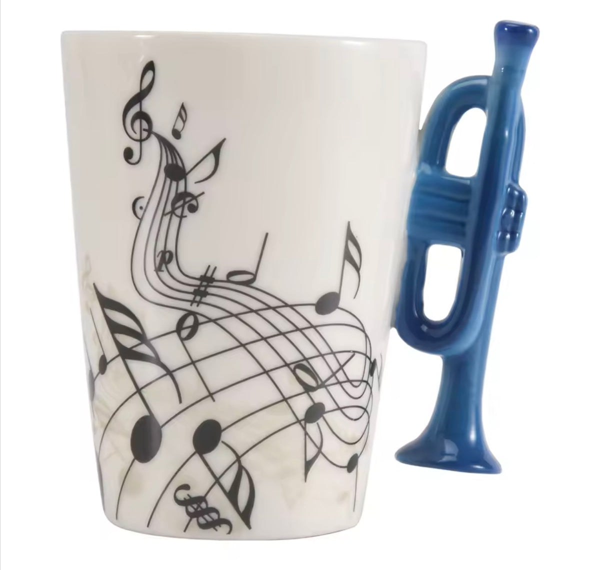 240ml ceramic music mug with blue trumpet shaped handle and musical notes