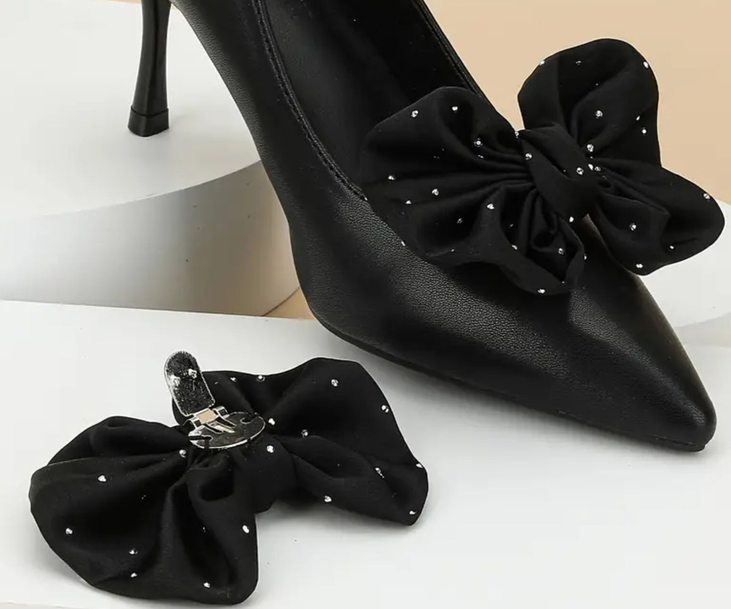 Diamonte black bow shoe clips