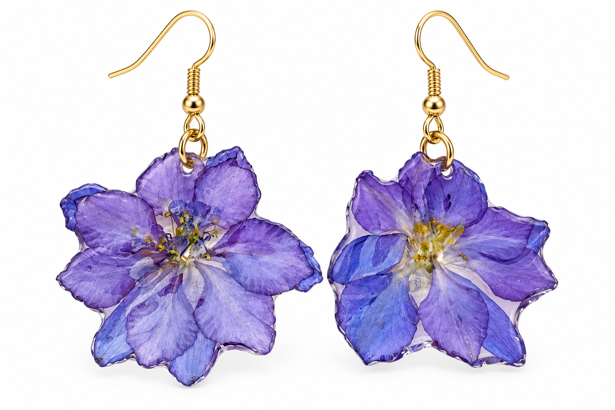 Resin Purple Delphinium Flower Drop Earrings