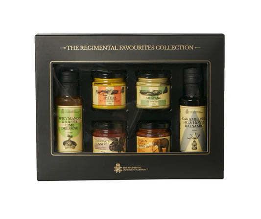 The Regimental Favourites Collection Gift Set- 2 Mustards, 2 Chutneys, 1 Balsamic vinegar, 1 Dressing.