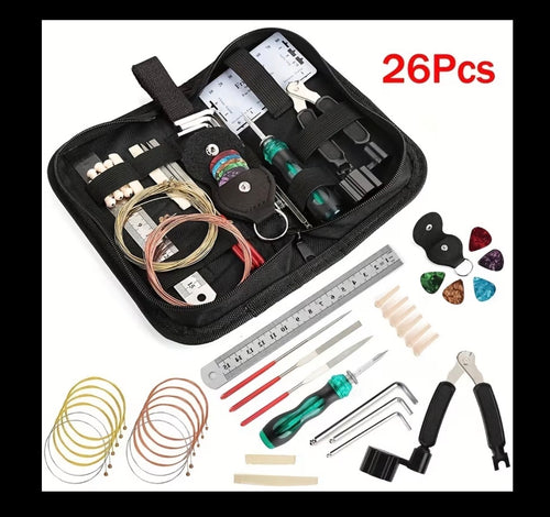 26-piece guitar maintenance and string changing tool kit with storage case