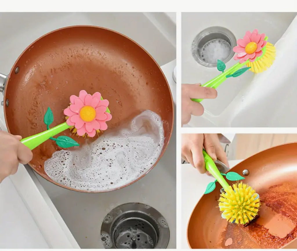 Ensemble de brosse à récurer et de support à fleurs (bleu, vert ou rose)