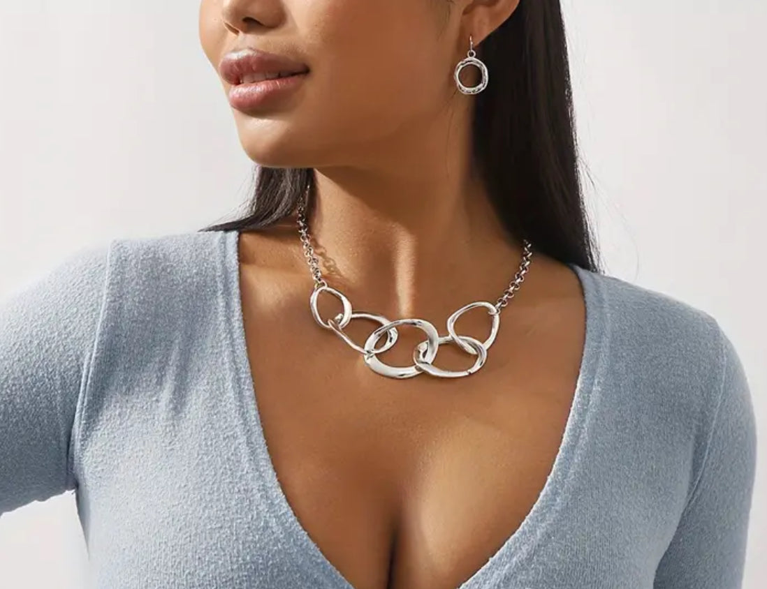 Chunky chain necklace earring set (silver)