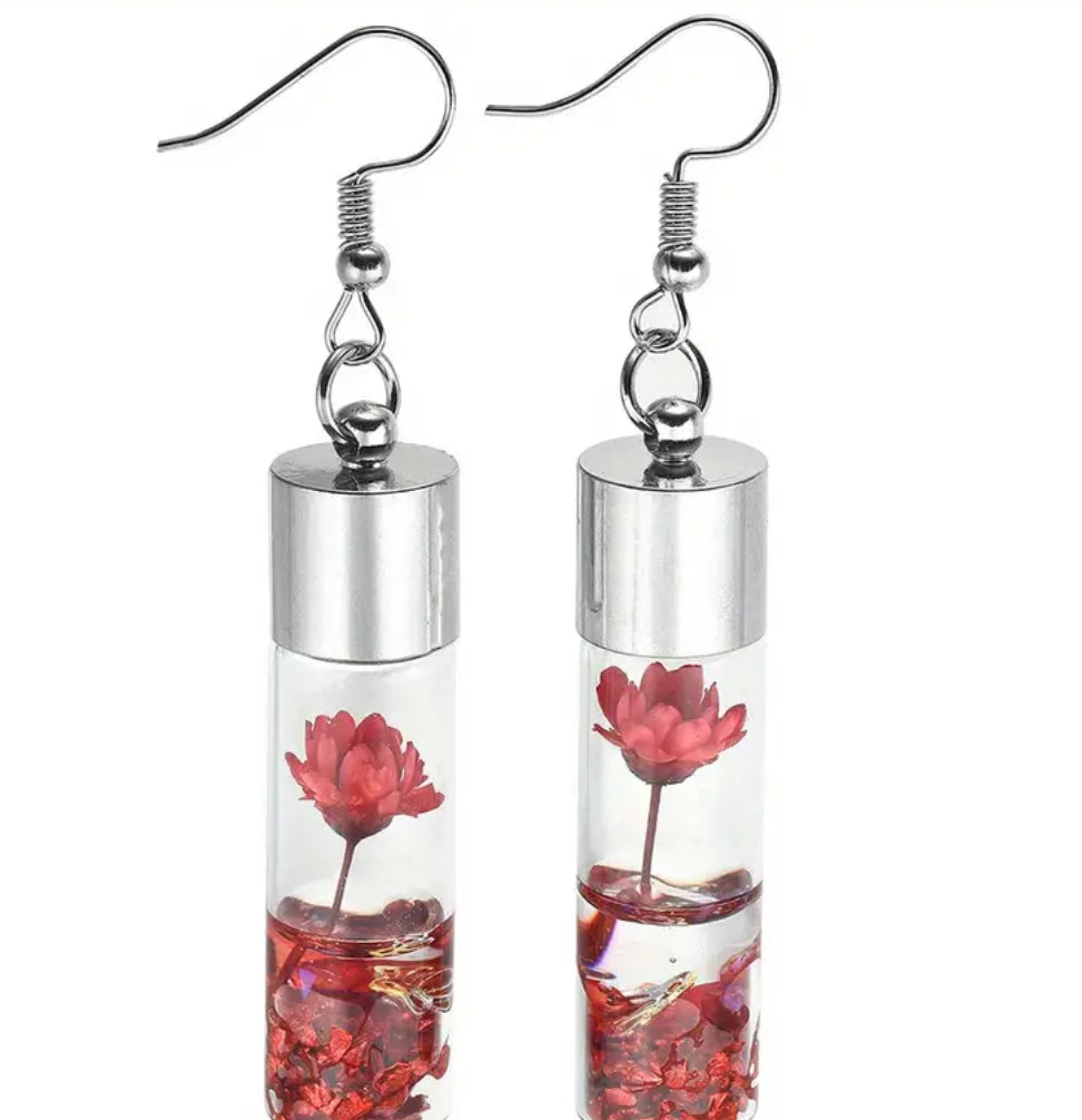 Dried Flowers in glass bottle hook earrings
