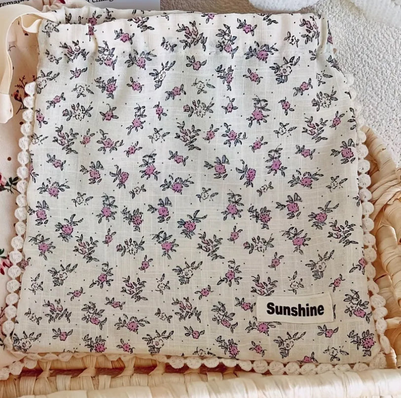 Reusable cotton floral drawstring gift bag