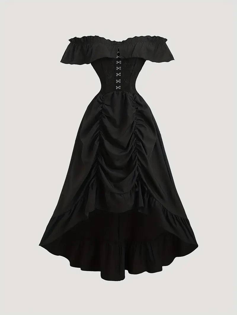 Women’s Vintage Gothic Off-Shoulder Dress – Black Ruched Corset Midi with Ruffle Hem