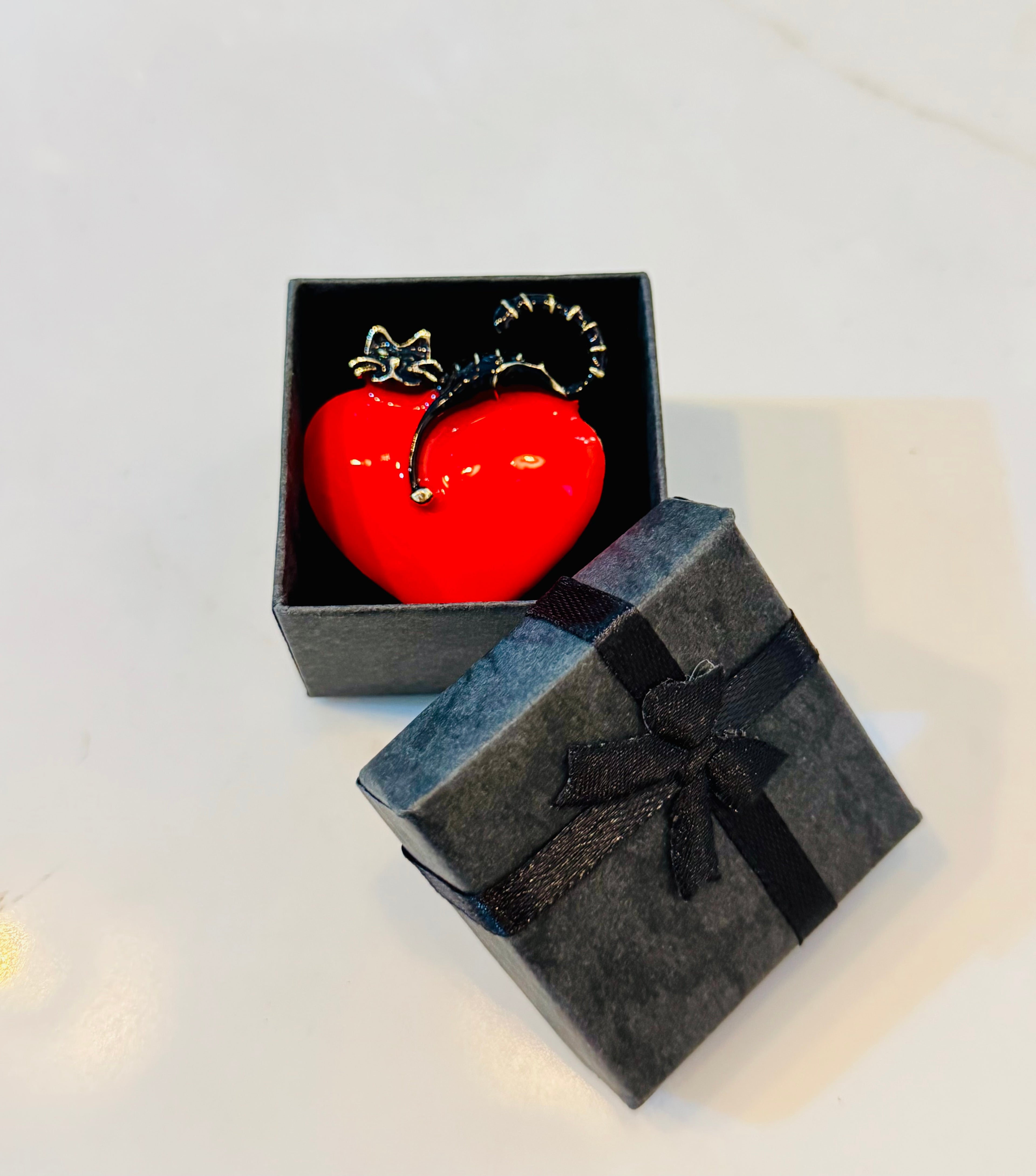 Cat on Love Heart Brooch