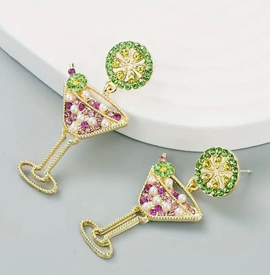 Martini with green olive zirconia earrings