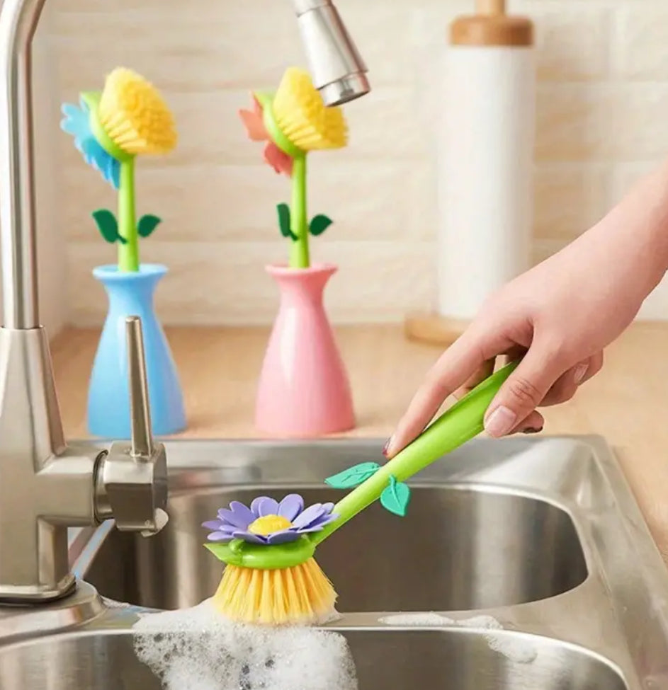 Ensemble de brosse à récurer et de support à fleurs (bleu, vert ou rose)