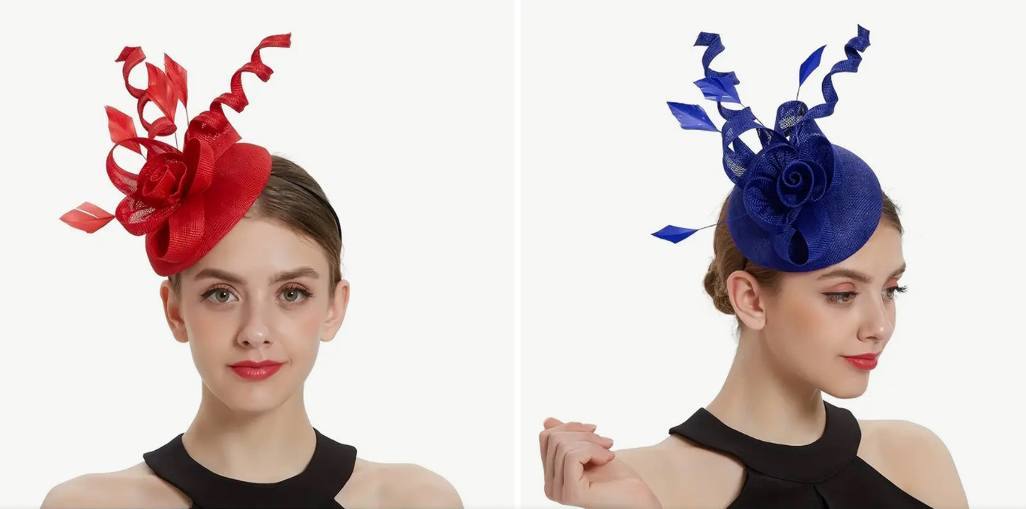 Red or Blue Floral Spiral Derby Fascinator Hat