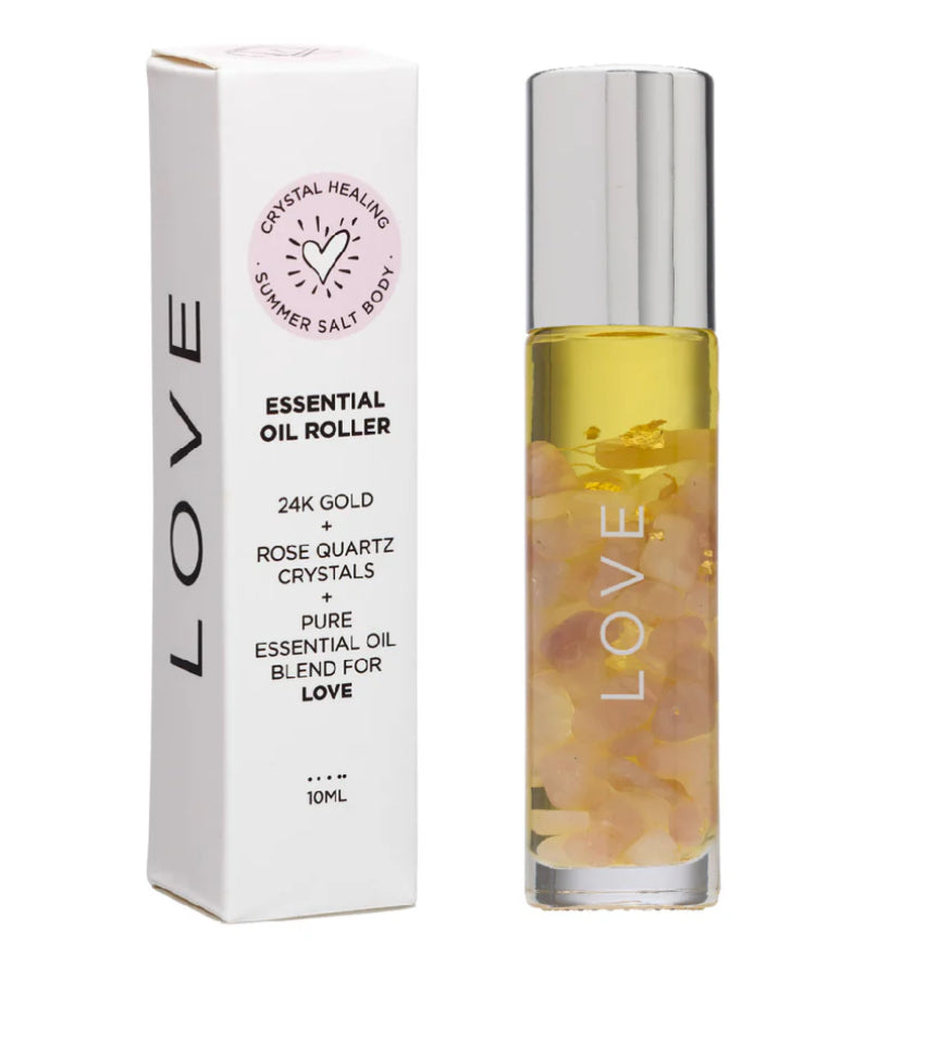 Rouleau d'huiles essentielles Love avec cristaux et or 24 carats