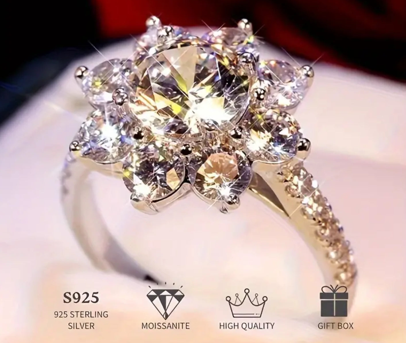 Bague fleur en argent sterling avec moissanite 1 carat