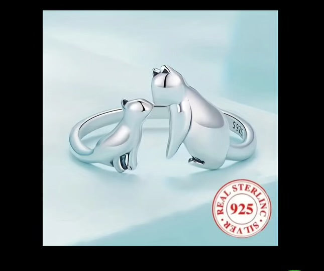 Bague en argent sterling avec chat 3D
