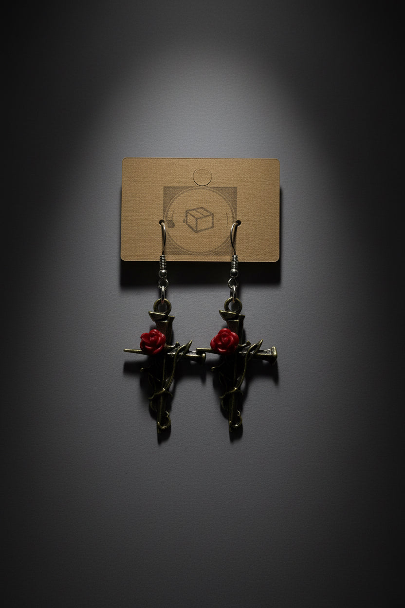 Cross vine and rose earrings