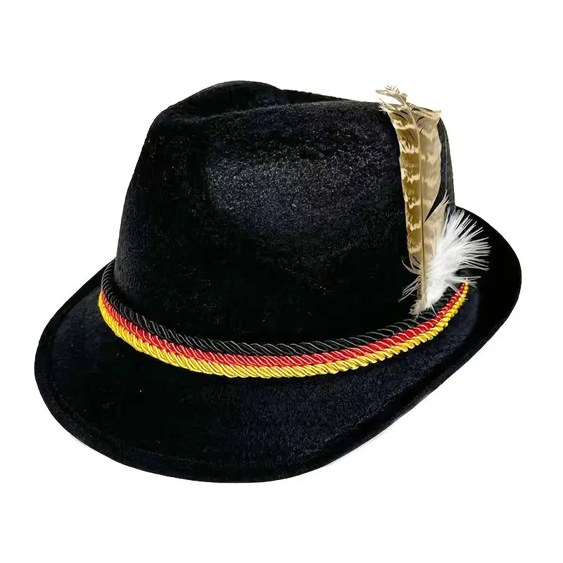 Oktoberfest Jazz Hat – Black Party Hat with Feather & Rope Accent
