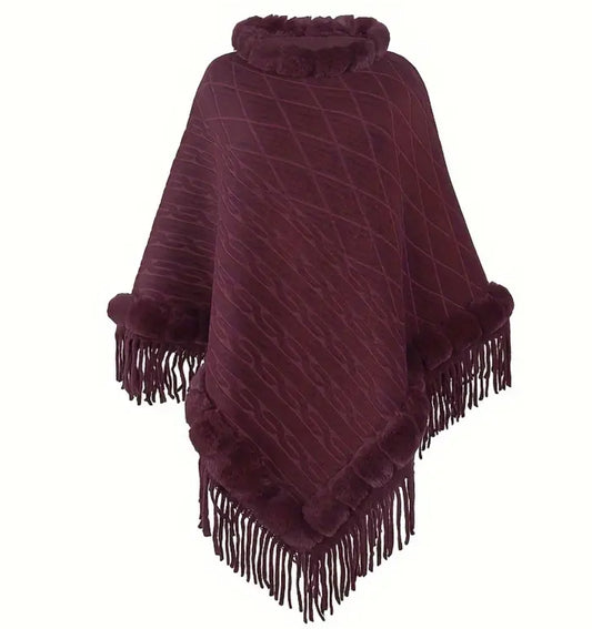 Burgundy Faux Fur Tassel Shawl