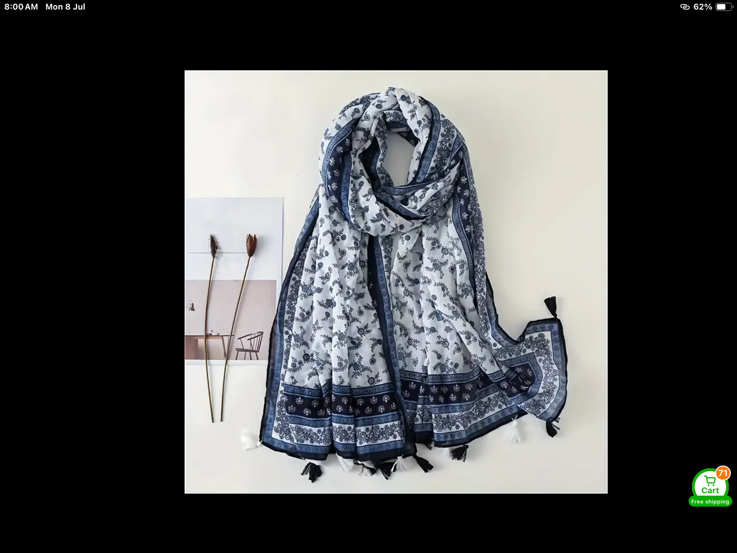 Boho blue and white floral scarf with tassels