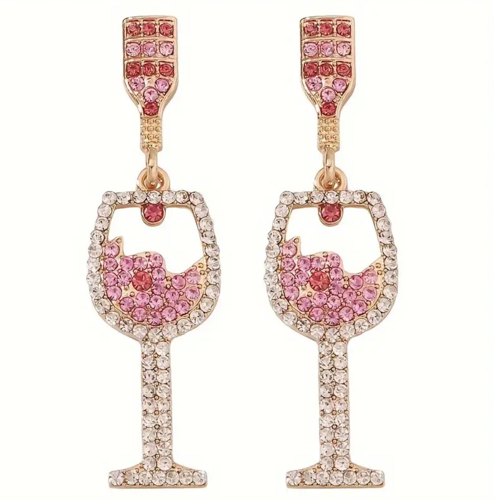 Boucles d'oreilles verre à vin en strass rose