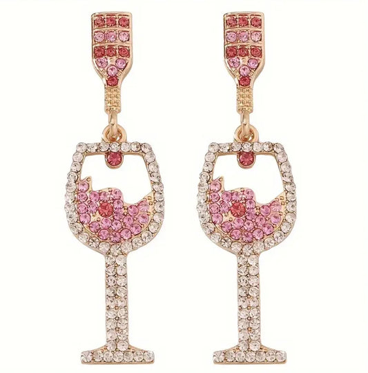 Pink rhinestone wine glass earrings